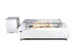 A product image on a white background showing the white marble fire table with its glass wind guard next to a matching white rectangular propane tank cover.