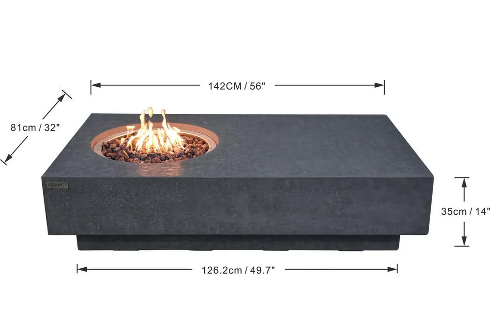 Measurement guide for the Metropolis fire table showing a length of 142cm, width of 81cm, and a low-profile height of 35cm.