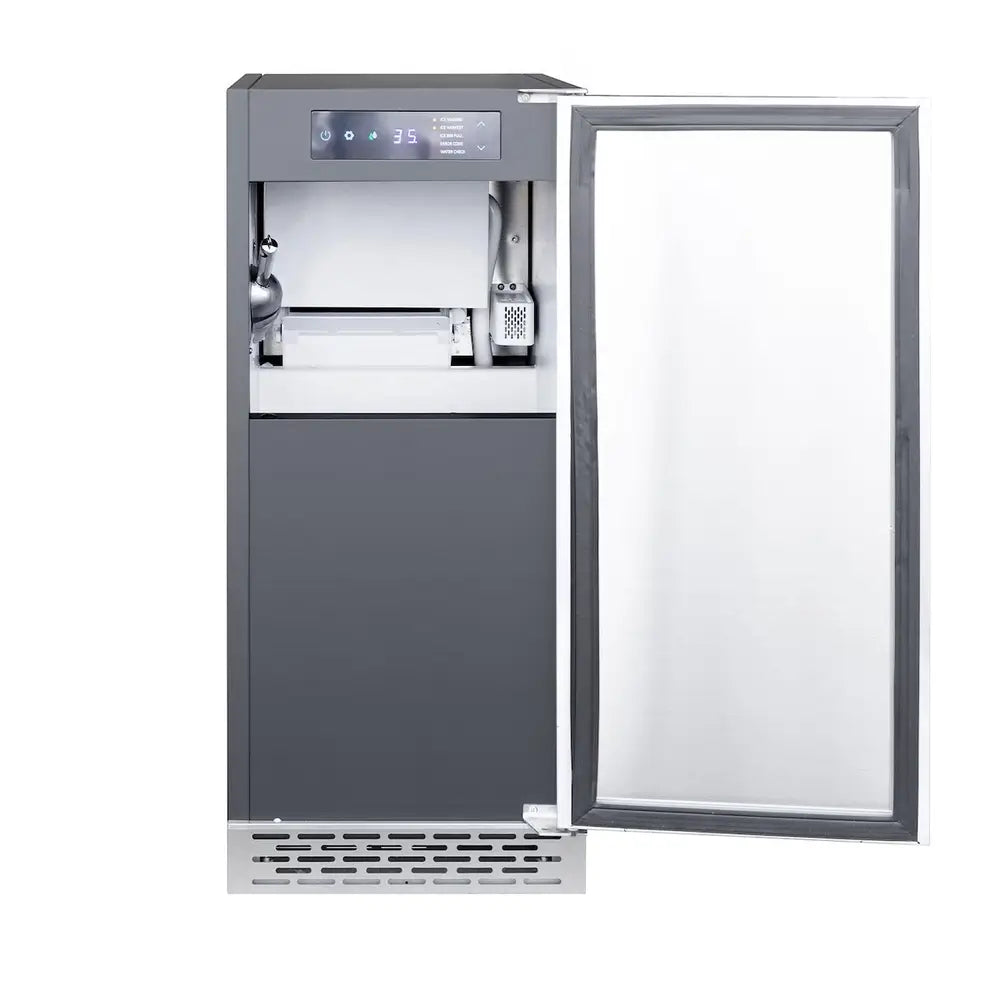 Summerset IM-15N 15" Outdoor Ice Maker, open door view of digital display and ice scoop.