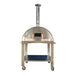 WPPO Karma 42 wood-fired oven in 304 stainless steel with chimney, mobile cart, shelf, and locking caster wheels.