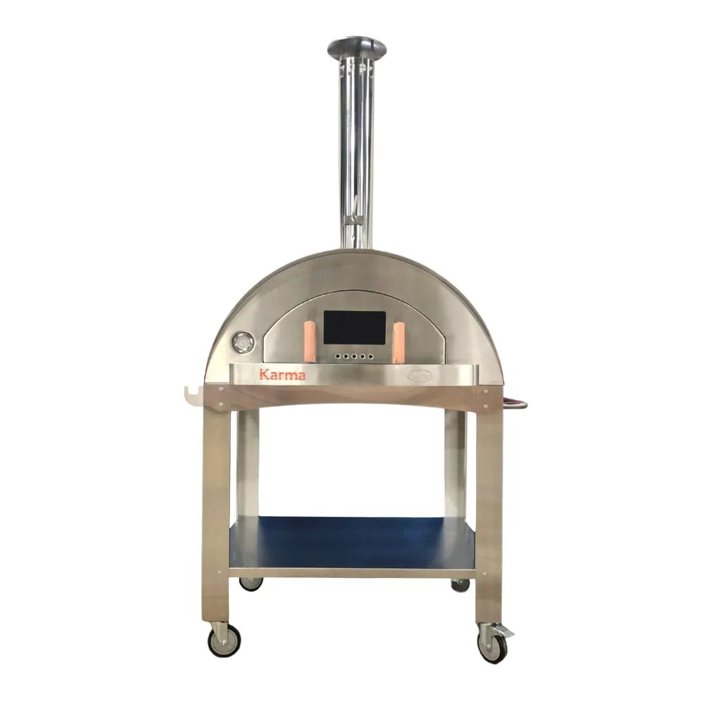 WPPO Karma 42 wood-fired oven on stainless steel stand cart with chimney, shelf, and caster wheels.