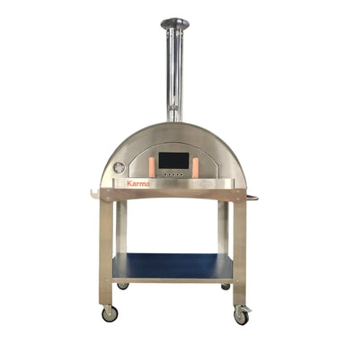 WPPO Karma 42 wood-fired oven on stainless steel stand cart with chimney, shelf, and caster wheels.