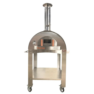 WPPO Karma 32 professional wood-fired oven front view with stainless cart, chimney, digital door, shelf, and caster wheels.