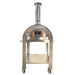 WPPO Karma 32 professional wood-fired oven front view with stainless cart, chimney, digital door, shelf, and caster wheels.