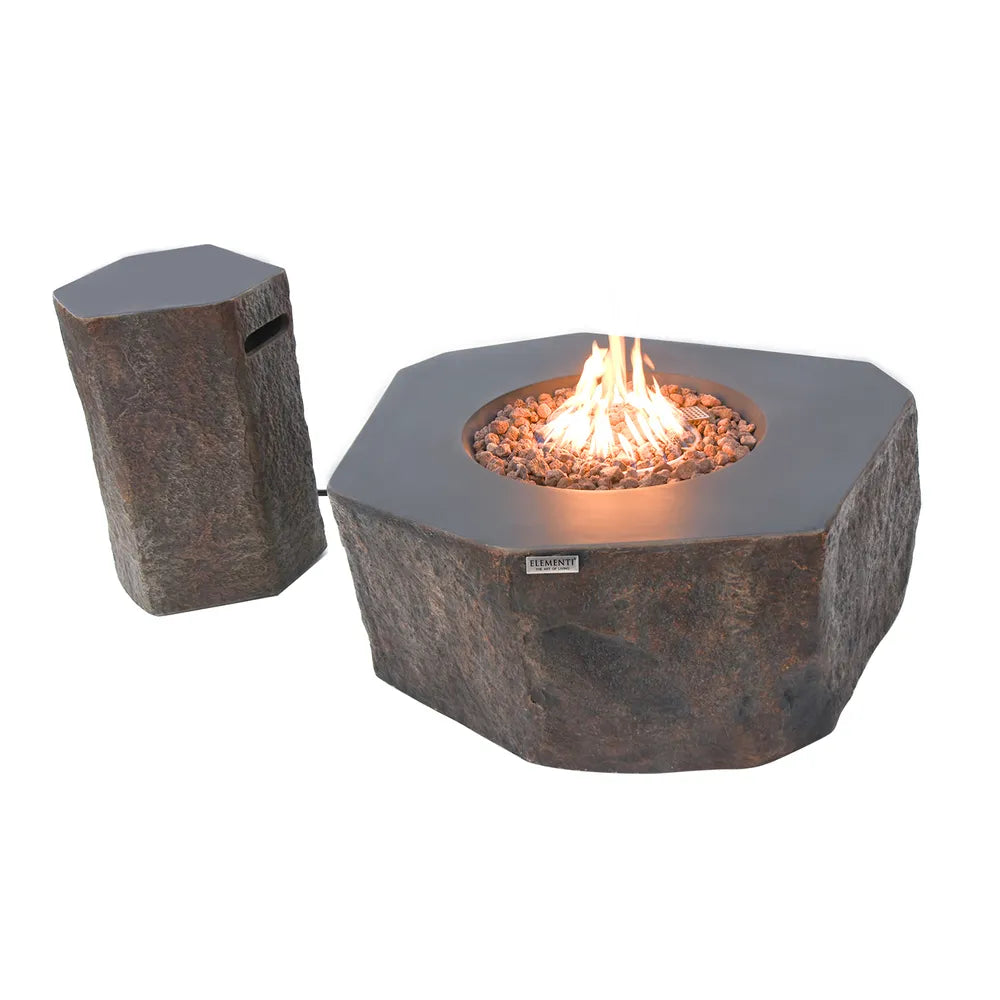 Elementi Columbia fire table shown with matching stone-texture propane tank cover.