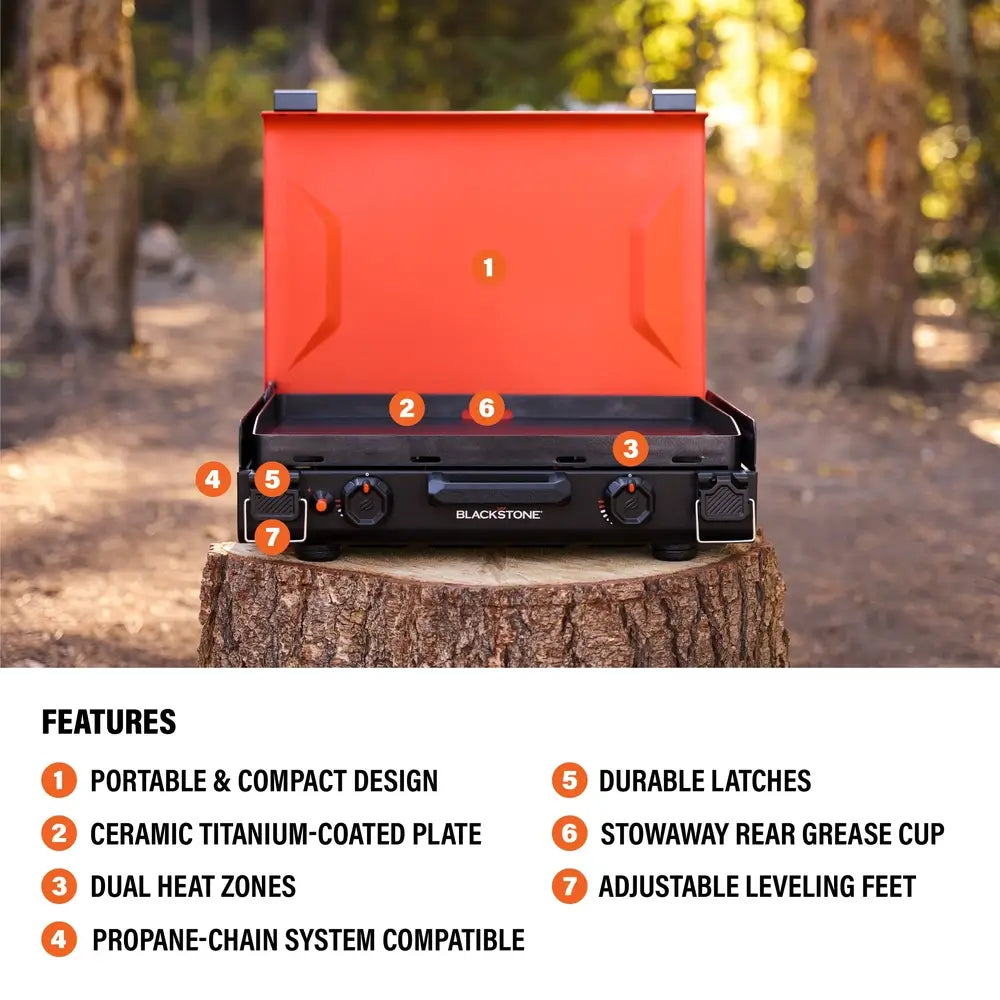 Blackstone camping griddle with annotated callouts for key features including ceramic titanium-coated plate, dual heat zones, propane compatibility, stowaway grease cup, and adjustable leveling feet.