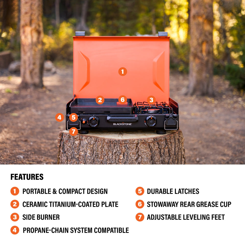 Front view of 12x14 camping griddle with labeled features and integrated side burner