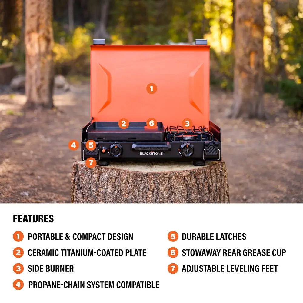 Front view of 12x14 camping griddle with labeled features and integrated side burner
