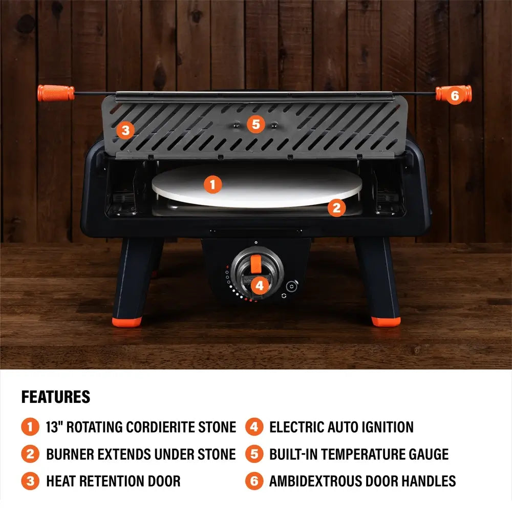 Leggero Pro pizza oven with labeled features including auto ignition, burner layout, and ambidextrous handles
