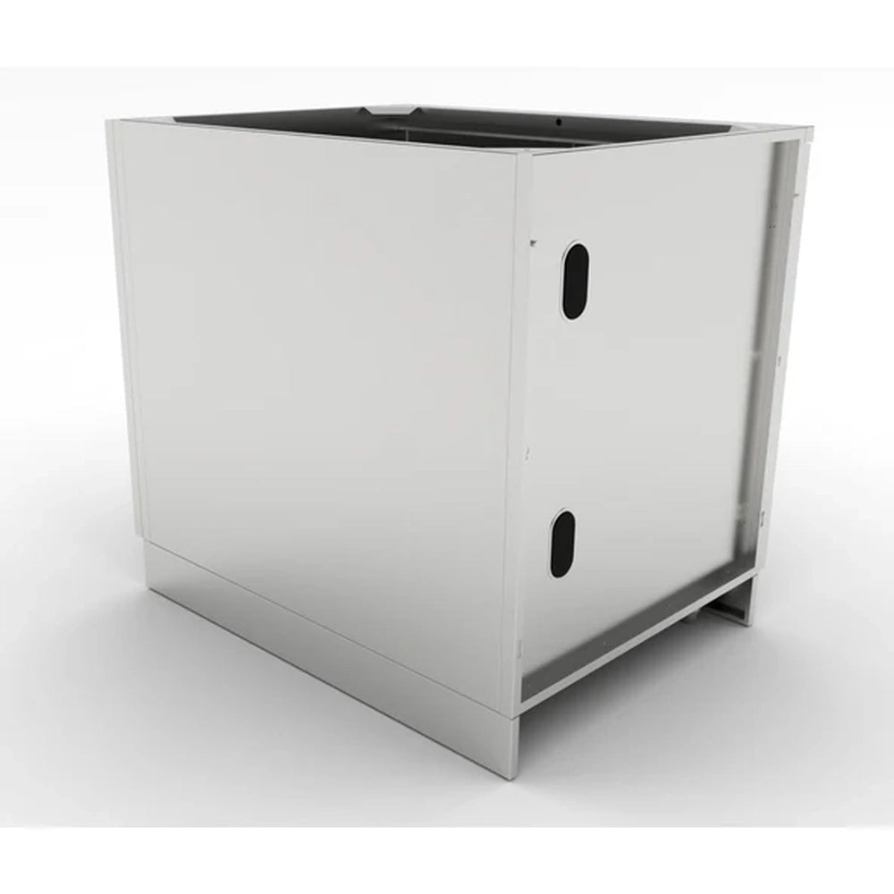 Side profile of the Sunstone SBC36FDD outdoor cabinet highlighting the pre-punched utility ports for easy gas and water line installation.