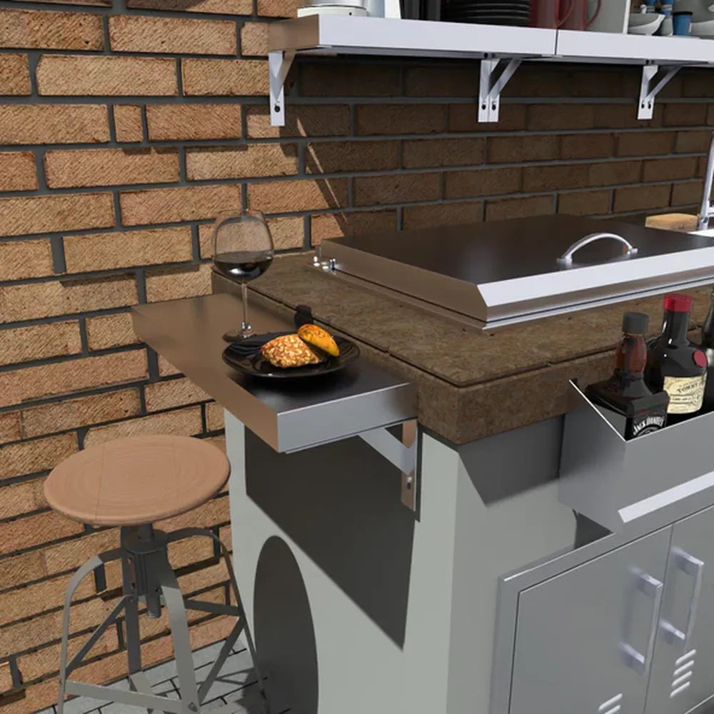 Sunstone 304 stainless wall shelf installed beside outdoor grill counter, extra prep and storage space for bottles, plates and accessories.