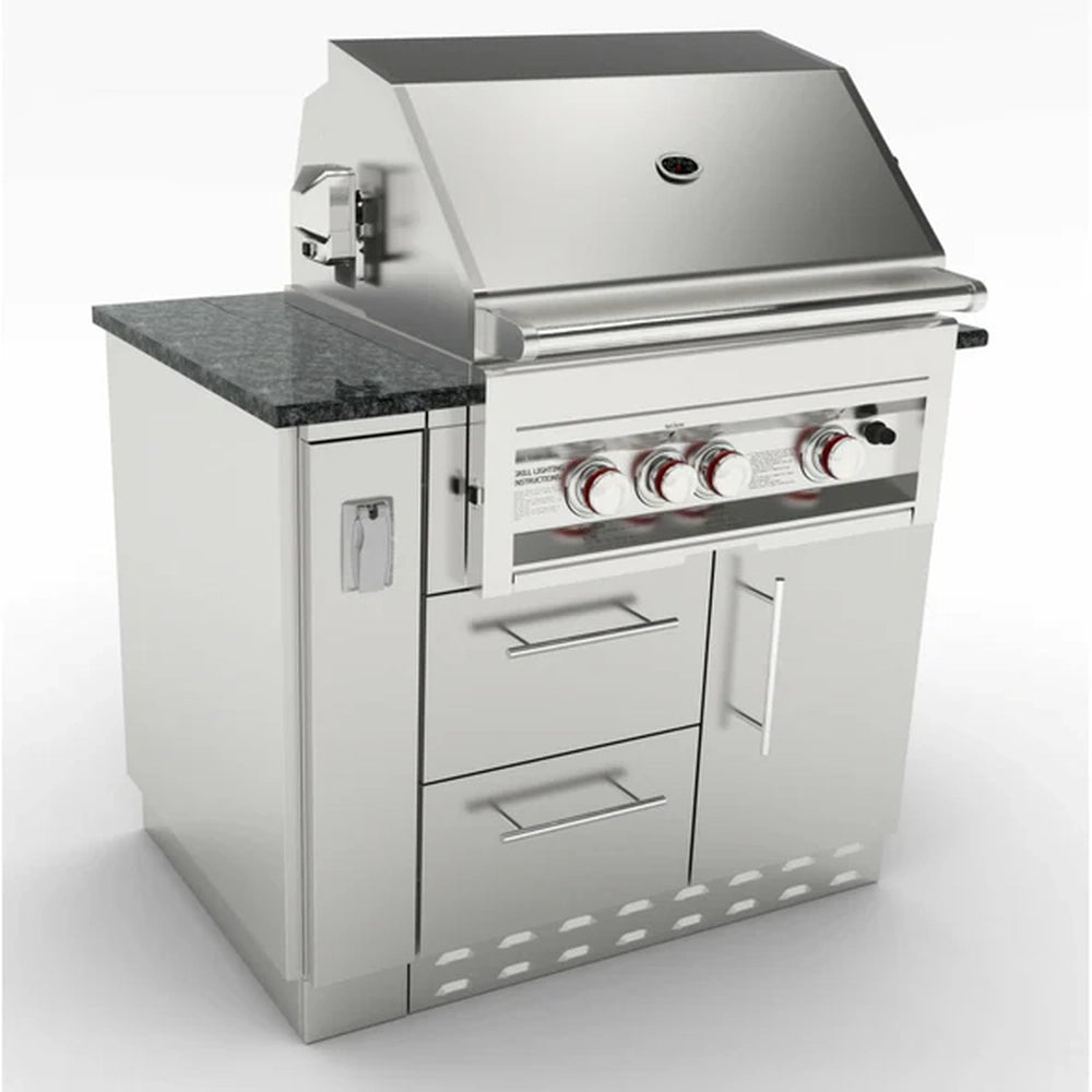 Sunstone SBC6SPEL 6-inch electrical spacer cabinet installed in a professional outdoor kitchen island next to a gas grill and granite countertop.