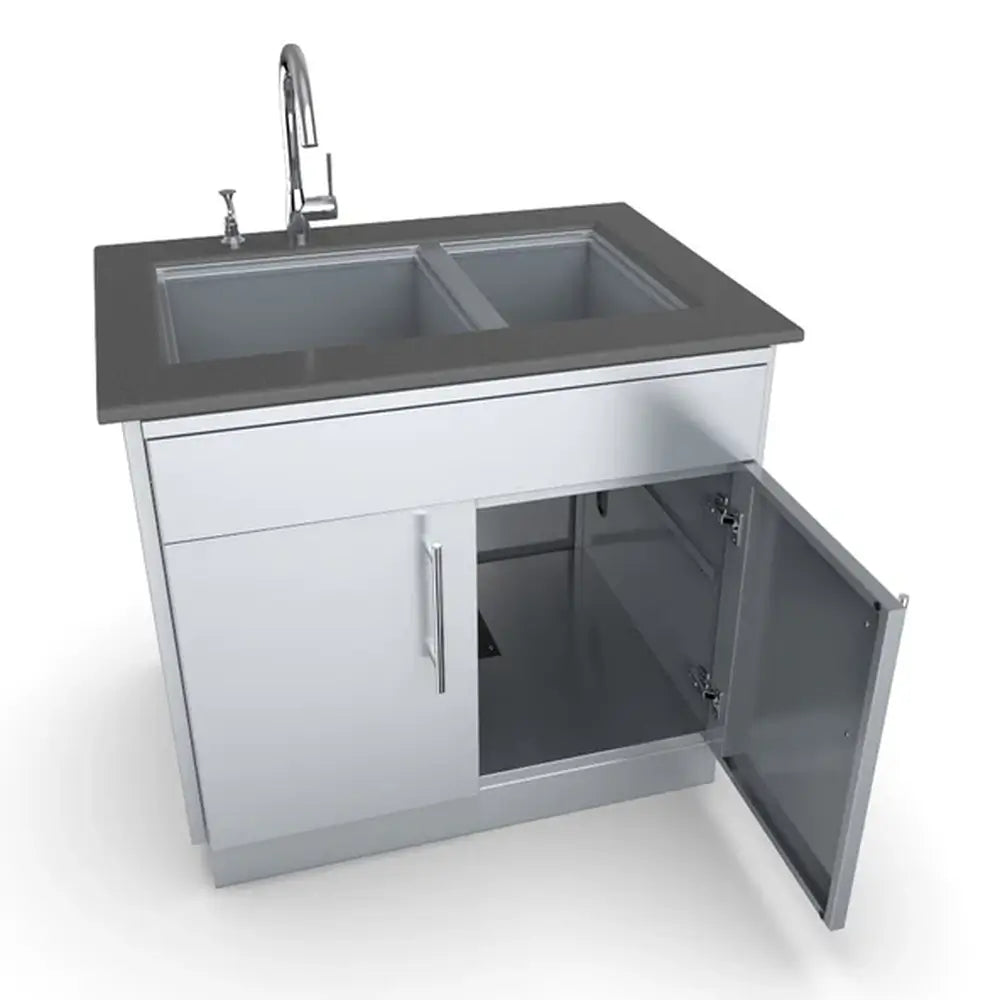Outdoor kitchen base cabinet SBC36CDD by Sunstone used as a 36-inch sink base with double bowl sink.