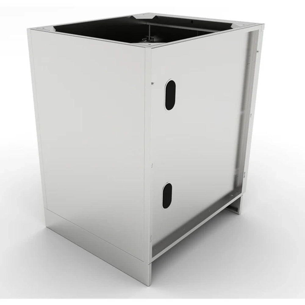 Rear view of Sunstone SBC24FDD cabinet highlighting the pre-punched utility ports for easy gas and electrical line access in outdoor kitchens.