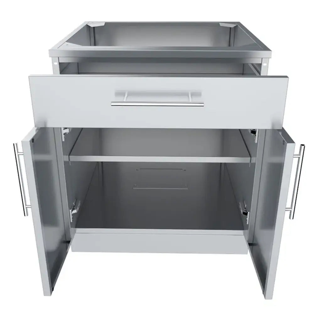 Interior view of the Sunstone SBC30CDD base cabinet with open double doors and an adjustable interior storage shelf for outdoor kitchens.