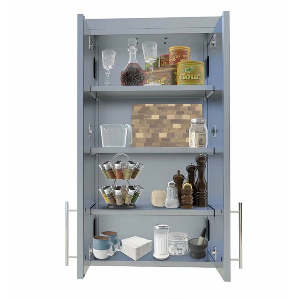 Interior view of an open Sunstone 24-inch wall cabinet filled with kitchen spices, glassware, and accessories on three adjustable shelves.