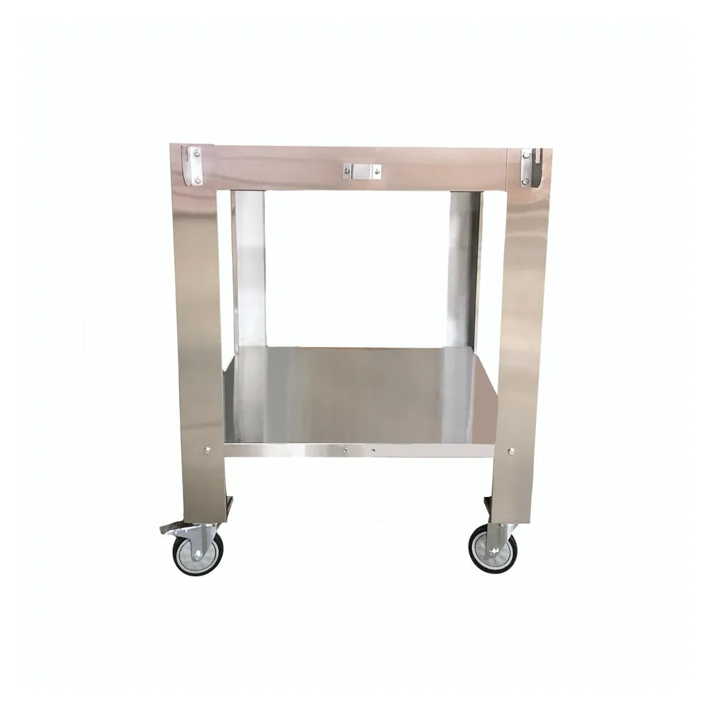 Front view of WPPO Karma 42 stainless steel oven stand cart with storage shelf and caster wheels.