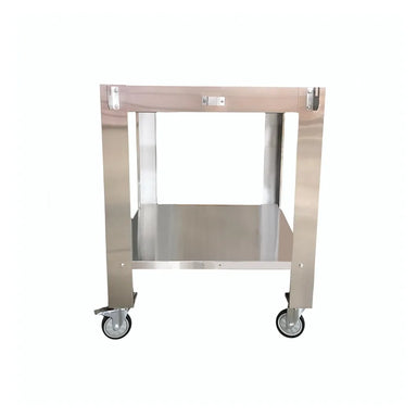Front view of WPPO Karma 42 stainless steel oven stand cart with storage shelf and caster wheels.