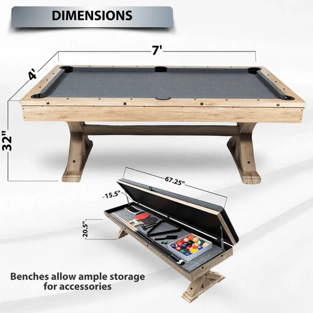 Freetime Fun Rockford 7' Multi-Game Table dimensions. Benches offer ample hidden storage for game accessories