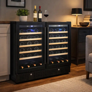 KingsBottle KBU190W2 36-inch dual zone wine cooler with blue LED lighting in a modern home lounge setting.