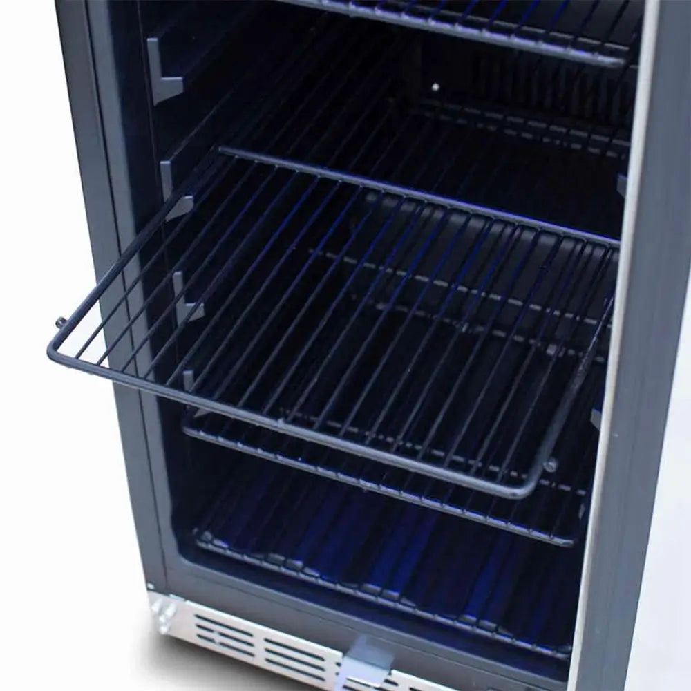 Summerset RFR-15S Refrigerator interior, close-up of adjustable wire shelves and blue LED lighting.