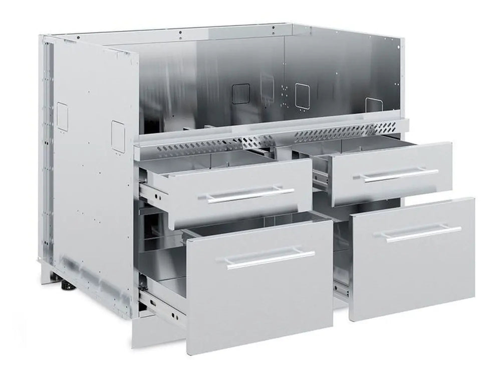 Broil King Imperial S 590iH outdoor kitchen cabinet base with four stainless steel storage drawers and adjustable leveling feet.