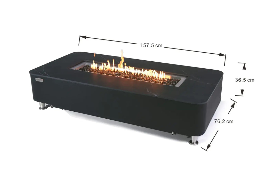 A product diagram of the black fire pit table on a white background, with dimensions labeled: 157.5 cm in length, 76.2 cm in width, and 36.5cm in height.