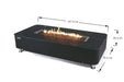 A product diagram of the black fire pit table on a white background, with dimensions labeled: 157.5 cm in length, 76.2 cm in width, and 36.5cm in height.