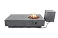 Elementi Metropolis propane fire table with a side-mounted control knob and matching concrete tank cover box.