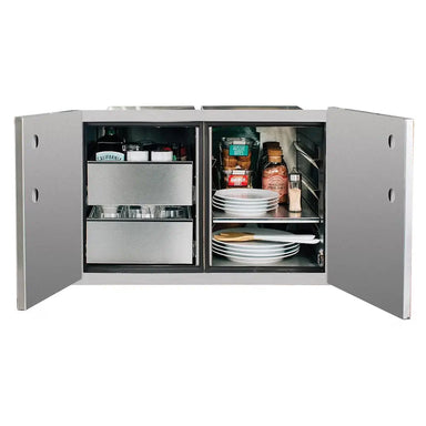 Summerset DP-36DC outdoor pantry open, showing deep storage space for plates and accessories.
