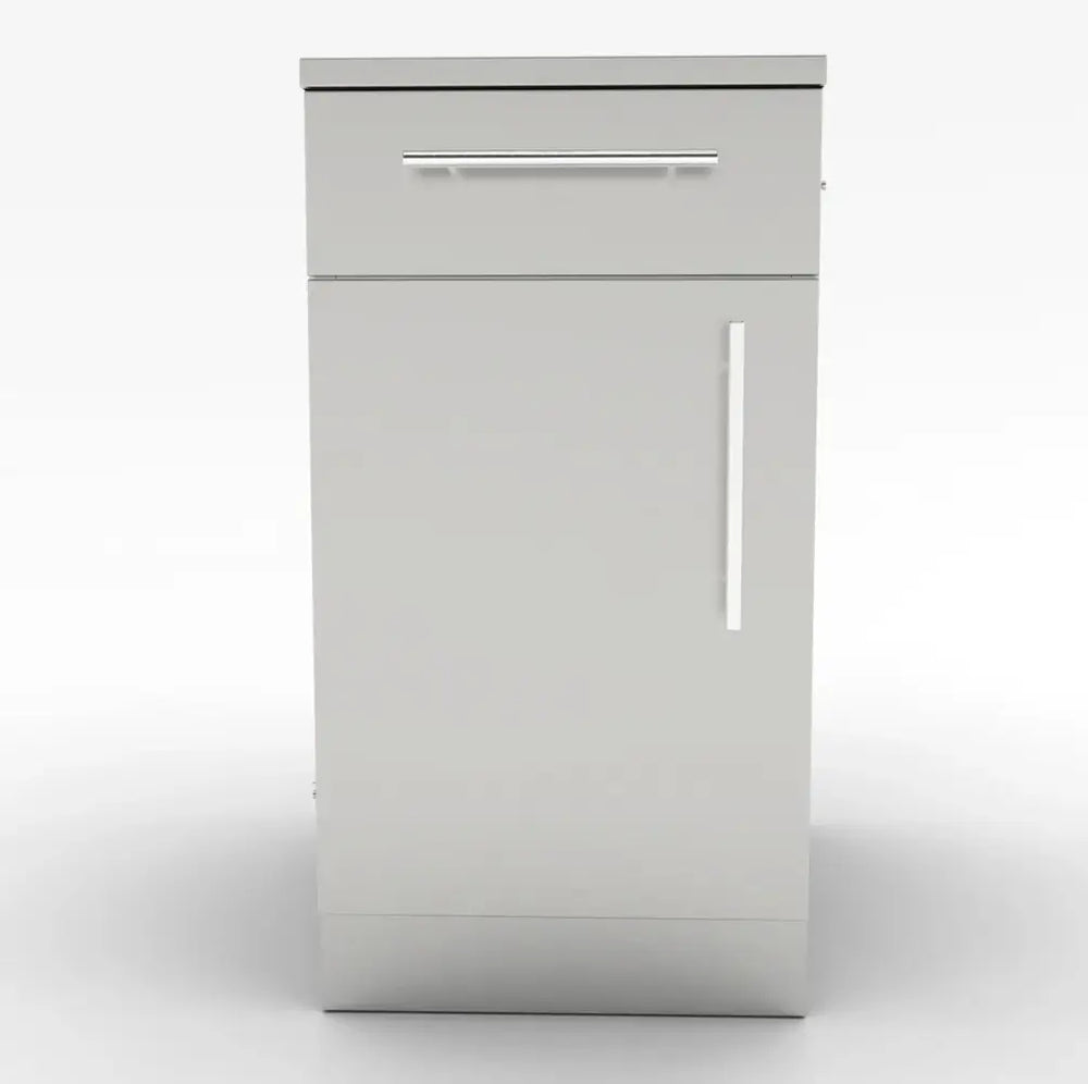 Front view of Sunstone SBC18CSDL 18-inch stainless steel outdoor kitchen cabinet featuring a top drawer and left-swing door with polished chrome handles.