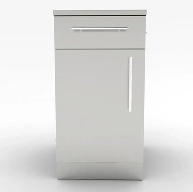 Front view of Sunstone SBC18CSDL 18-inch stainless steel outdoor kitchen cabinet featuring a top drawer and left-swing door with polished chrome handles.