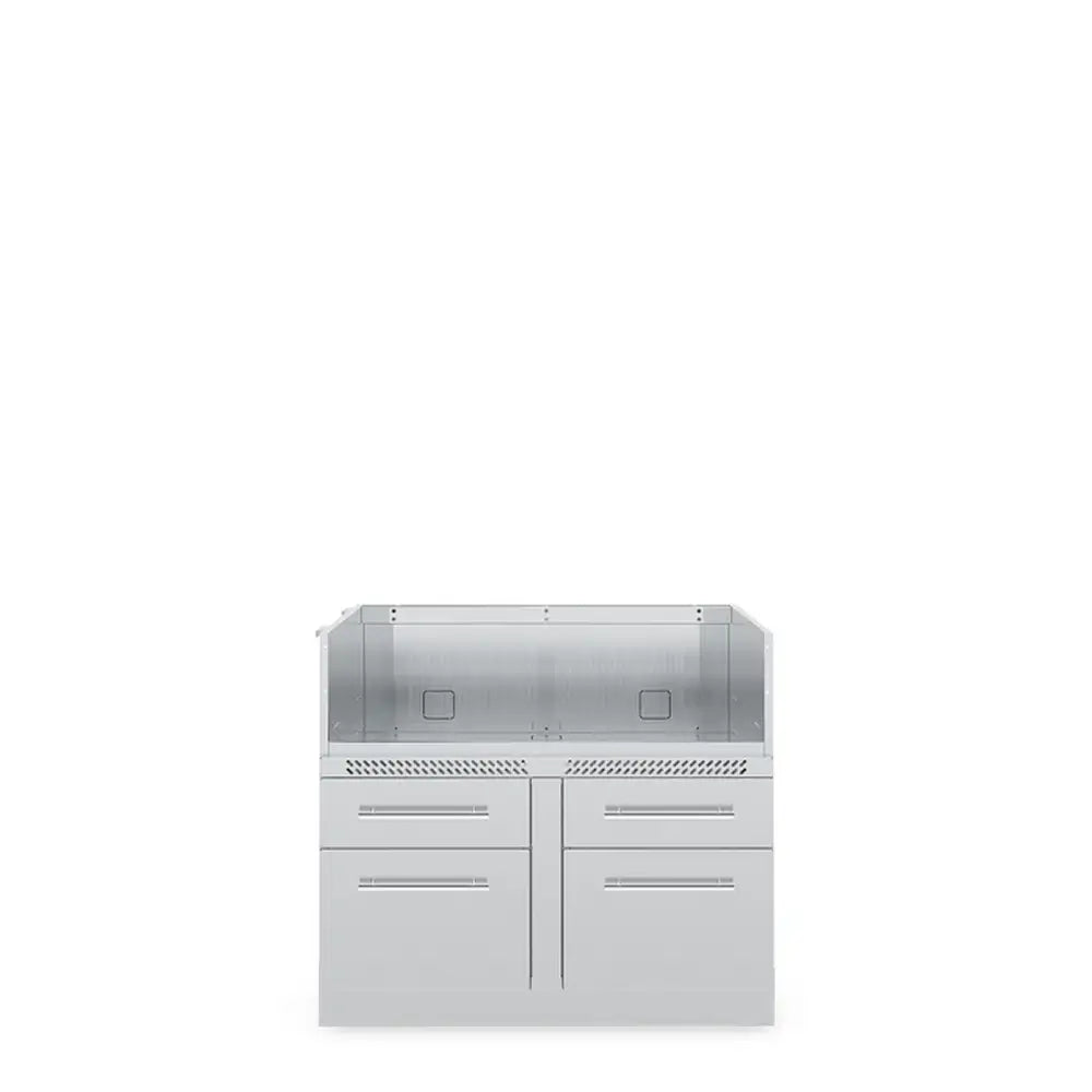 A detailed front-view photograph of the Broil King 806600 5 Burner Cabinet Storage Base, showcasing its stainless steel finish, four large closed drawers with elegant handles, and the integration-ready upper section against a seamless white studio background.