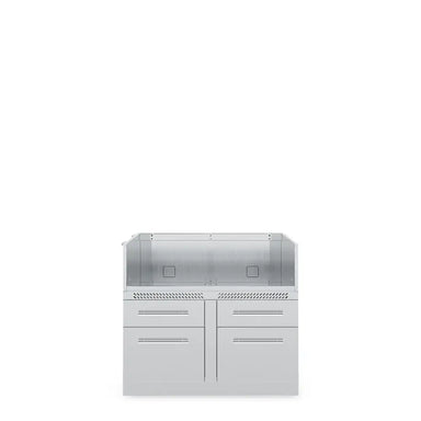 A detailed front-view photograph of the Broil King 806600 5 Burner Cabinet Storage Base, showcasing its stainless steel finish, four large closed drawers with elegant handles, and the integration-ready upper section against a seamless white studio background.