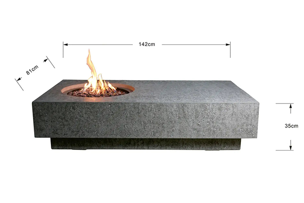 Dimension diagram for the Metropolis fire table showing a length of 142cm, width of 81cm, and height of 35cm.