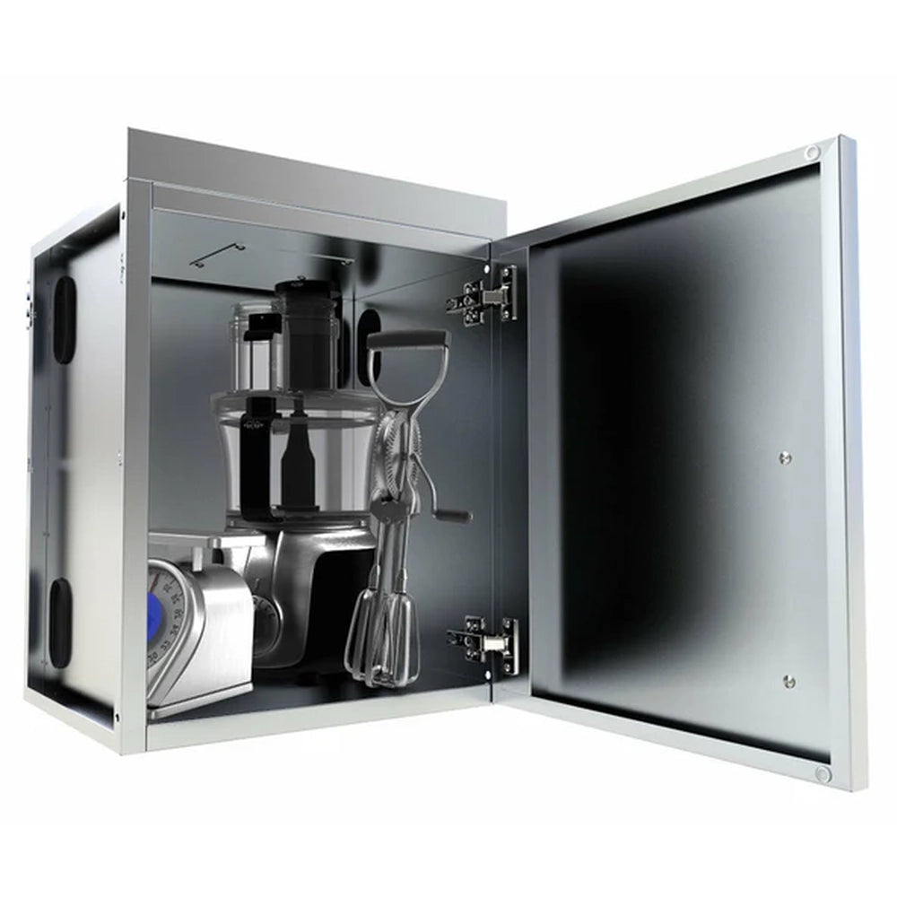 Open Sunstone SWC18CSDR 18-inch upper wall right swing cabinet in stainless steel with enclosed storage for outdoor kitchen tools
