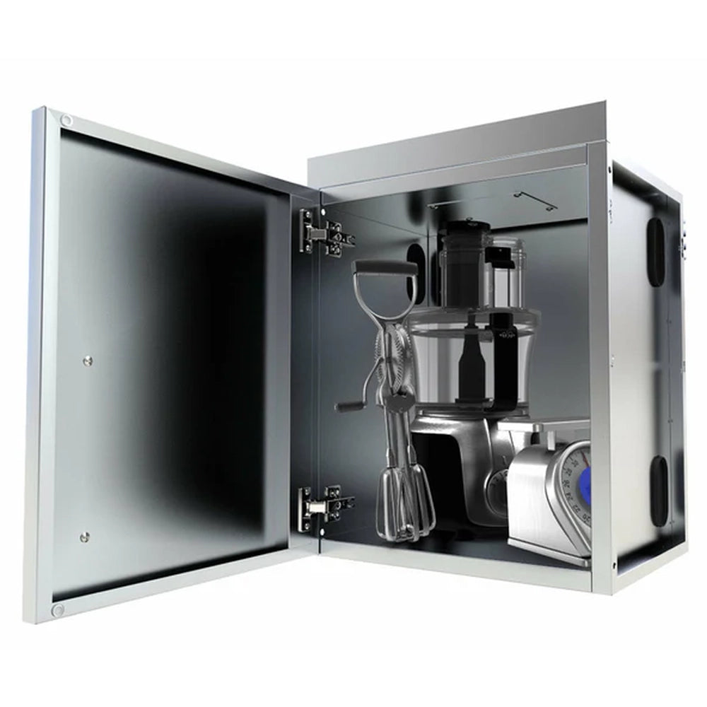 Sunstone SWC18CSDL 18 inch upper wall left swing cabinet opened to reveal stainless steel interior storage with small kitchen tools and accessories inside. The hinged door and roomy compartment show how the cabinet organizes outdoor kitchen essentials.