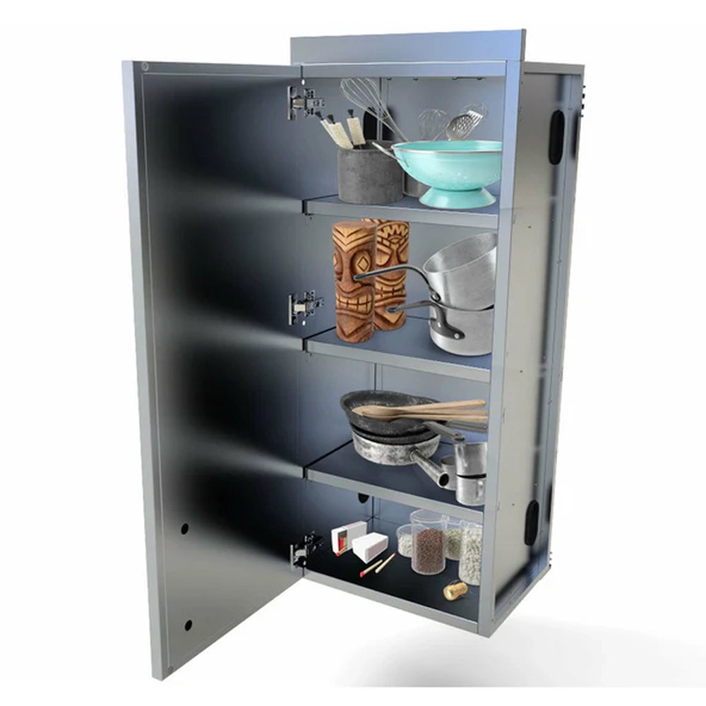 Open Sunstone SWC18FSDL 18-inch full height left swing wall cabinet with stainless steel shelves storing kitchen tools and containers.