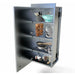 Open Sunstone SWC18FSDL 18-inch full height left swing wall cabinet with stainless steel shelves storing kitchen tools and containers.