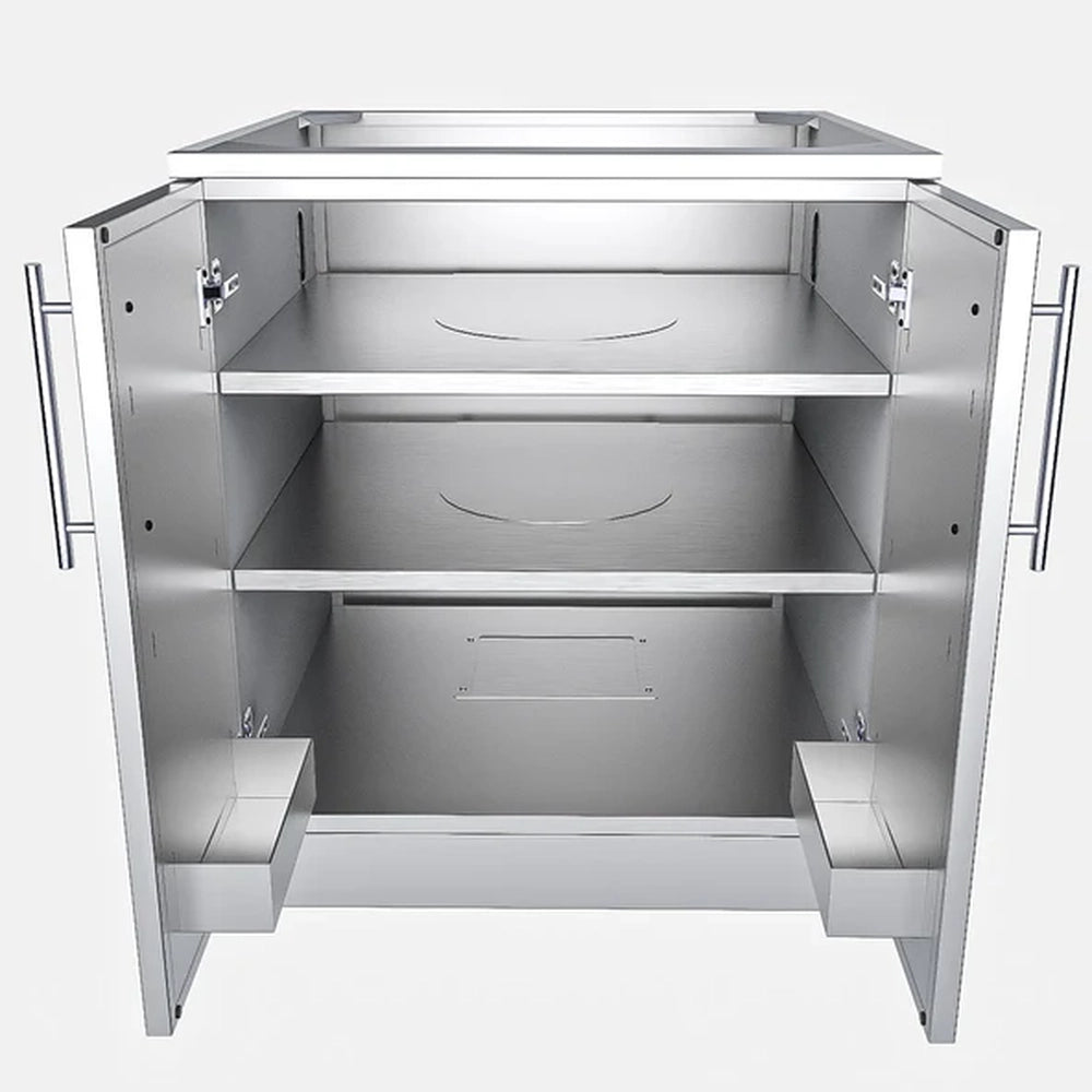 Open-door interior view of the Sunstone SBC30FDD showing the two full-depth adjustable shelves and integrated door storage bins for organized outdoor cooking.