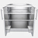 Open-door interior view of the Sunstone SBC30FDD showing the two full-depth adjustable shelves and integrated door storage bins for organized outdoor cooking.