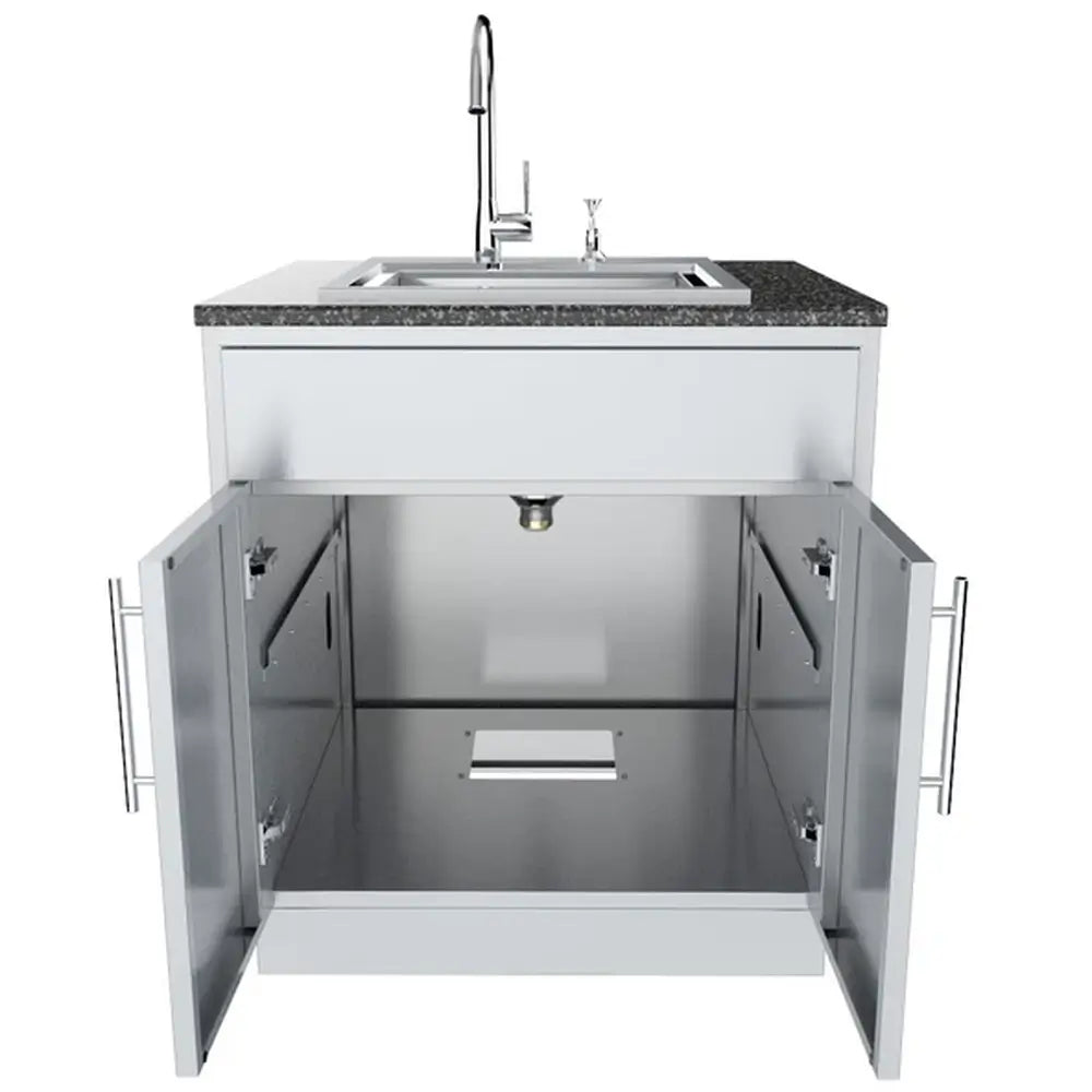 Sunstone 30-inch double door base cabinet configured as a sink base with internal plumbing cutouts and an installed countertop sink.