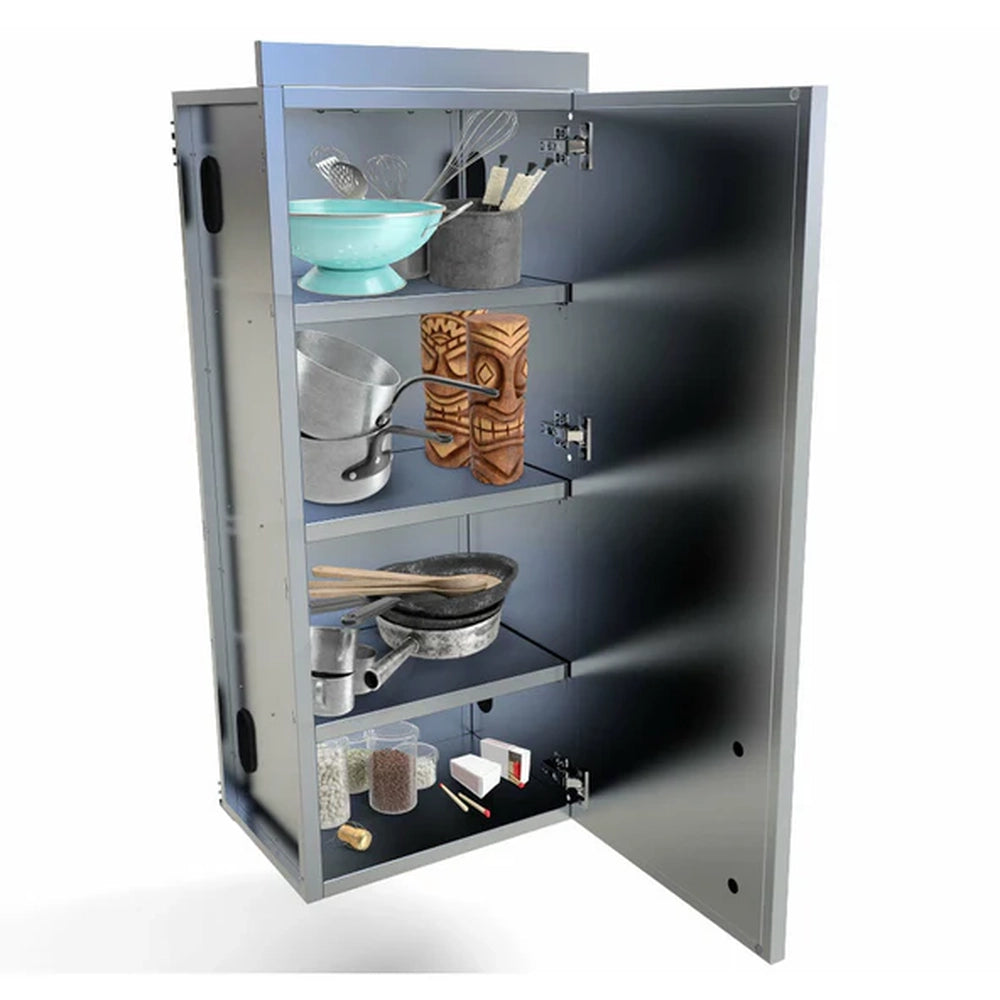 Open view of the Sunstone SWC18FSDR wall cabinet interior showcasing adjustable shelving filled with outdoor cooking supplies and kitchenware.