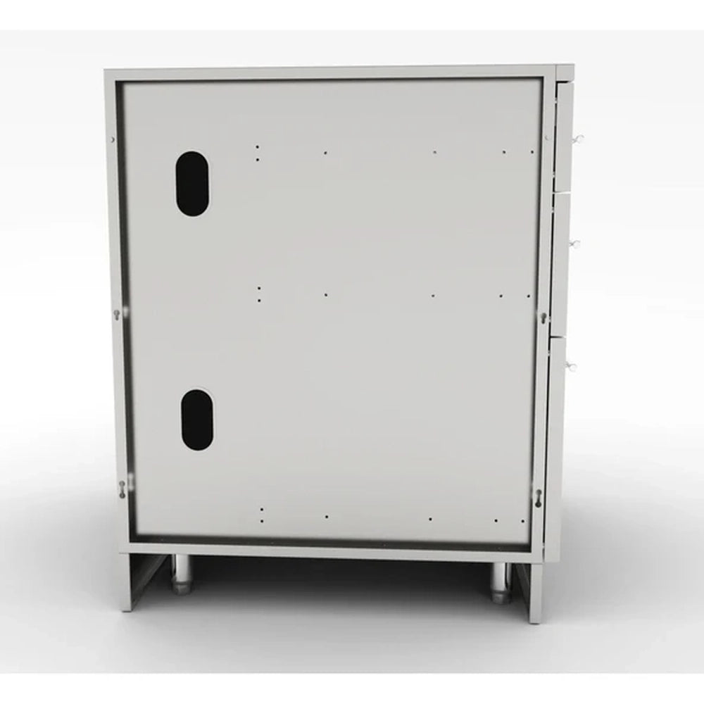 Side profile of the Sunstone 24-inch double door cabinet showing the adjustable leveling legs and integrated kick plate for a custom built-in look.