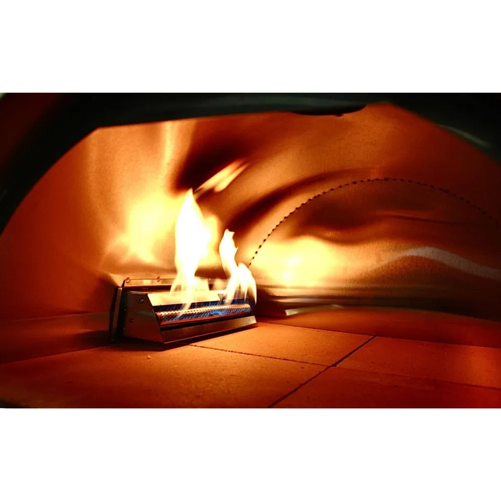 WPPO Traditional 25 dual fuel pizza oven interior with gas burner flame, firebrick cooking deck, and arched chamber.