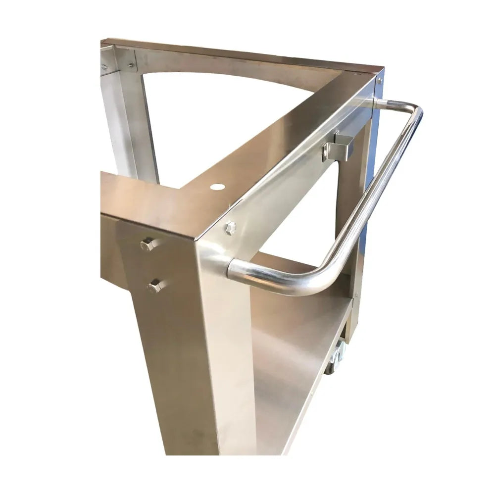 WPPO Karma 42 stainless steel stand cart handle detail with brushed metal frame and side support brackets.