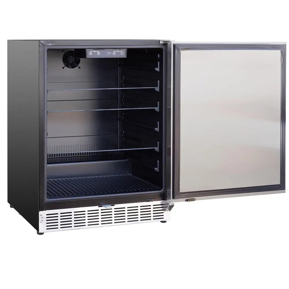 Summerset 24-inch Outdoor Refrigerator open view of digital thermostat, drawers, and shelves.
