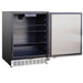 Summerset 24-inch Outdoor Refrigerator open view of digital thermostat, drawers, and shelves.