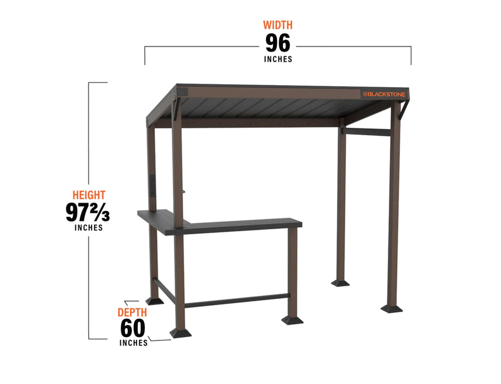 Blackstone Griddle Pavilion dimensions—96 inches wide, 60 inches deep, and 97.66 inches tall