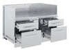 Stainless steel cabinet base for Broil King Imperial S 690iE grill with four storage drawers extended.